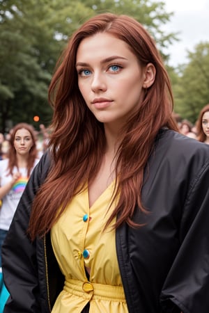 Transgender Female, Kitch, blue eyes, solo, voluptuous, auburn hair, long hair, yellow jacket,outdoors, pride theme, rainbows, parade, black dress, specular highlights, side lighting, detailed face, detailed eyes, wide shot, dynamic lighting, dynamic angle