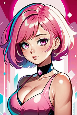 Steven Universe Style, 1girl, solo, breasts, short hair, dress, pink hair, choker, pink eyes, lips, makeup, colored skin, facial mark, pink skin, official art, masterpiece