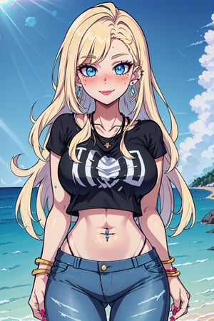 Agenda_Mix, 1girl, solo, long hair, breasts, looking at viewer, blush, smile, blue eyes, blonde hair, large breasts, shirt, navel, jewelry, medium breasts, closed mouth, standing, collarbone, short sleeves, cowboy shot, earrings, outdoors, sky, day, midriff, pants, cloud, water, necklace, nail polish, bracelet, blue sky, lips, crop top, black shirt, makeup, ocean, beach, piercing, sunlight, denim, lipstick, tan, ear piercing, eyeshadow, tanlines, contrapposto, jeans, hoop earrings, rock, red lips, navel piercing, cropped shirt, detailed eyes, detailed hair, detailed face, textured hair, tone mapping , specular highlights, extreme light and shadow, rim lighting, side lighting, shiny, bloom , masterpiece, official art, subsurface scattering, (zentange, entangle, mandala, spiderwebs, chaos, panic, discord and disorder:0.7)