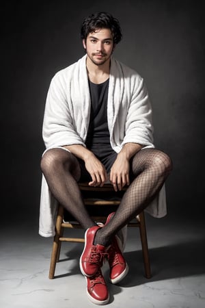 Dewey Finn, (masterpiece, best quality, ultra-detailed, highres),solo, 1boy, male focus, facial hair, black hair, beard, pantyhose, bathrobe, fishnets, shoes, looking at viewer, chair  , official art, masterpiece, extreme light and shadow, rim lighting, film quality