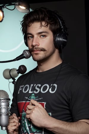 Dewey Finn, (masterpiece, best quality, ultra-detailed, highres),male focus, facial hair, 1boy,((solo focus)), male focus, facial hair, solo, shirt, microphone, headphones, black shirt, beard, meme, upper body, looking at viewer, microphone stand, black hair, t-shirt, mustache, short sleeves, :) , official art, masterpiece, extreme light and shadow, rim lighting, film quality
