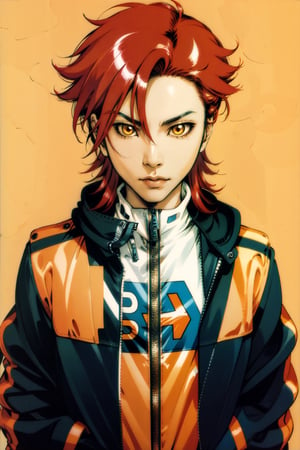 Hideto Matsumoto, solo, looking at viewer, 1boy, closed mouth, jacket, upper body, male focus, red hair, zipper, yellow theme