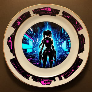 fnxipltz,a plate with  a cyberpunk girl setting in the middle