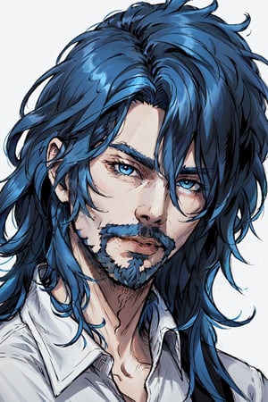 Duskfallcrew Art Style, Osenayan Mode, Aeron Xvoor, solo, long hair, looking at viewer, blue eyes, simple background, shirt, 1boy, white background, closed mouth, blue hair, white shirt, male focus, facial hair, portrait,