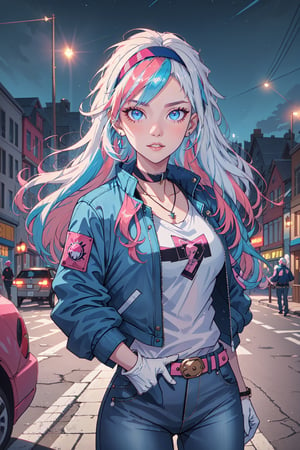 Agenda_Mix, 1girl, solo, long hair, breasts, looking at viewer, blue eyes, shirt, gloves, jewelry, medium breasts, blue hair, jacket, white shirt, pink hair, white hair, multicolored hair, cowboy shot, hairband, earrings, outdoors, parted lips, open clothes, sky, choker, belt, pants, white gloves, fingerless gloves, pink eyes, necklace, nail polish, bracelet, two-tone hair, open jacket, lips, streaked hair, v, night, headband, denim, blue jacket, building, buckle, belt buckle, city, white pants, road, detailed eyes, detailed hair, detailed face, textured hair, tone mapping , specular highlights, extreme light and shadow, rim lighting, side lighting, shiny, bloom , masterpiece, official art, subsurface scattering, (zentange, entangle, mandala, spiderwebs, chaos, panic, discord and disorder:0.7)
