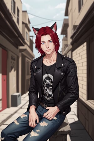 Chris_Xvoor, 1boy, male focus, solo, looking at viewer,, blue eyes, black hair, animal ears, sitting, jacket, red hair, outdoors, day, pants, cat ears, blurry, black jacket, torn clothes, blurry background, denim, jeans, leather, torn pants, leather jacket, torn jeans, denim jacket, upper body, specular highlights, detailed face, detailed eyes, detailed hair, textured hair, rim lighting, extreme light and shadow, masterpiece, official art, portrait