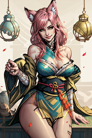 ahri, 1girl, absurdres, ahri_(league_of_legends), ((shiny skin, voluptuous, sexy, skindentation, ultra detailed, ultra sharp, extreme light and shadow, masterpiece)), pink_hair, animal_ear_fluff, animal_ears, bangs, bare_shoulders, bell, breasts, cleavage, facial_mark, fox_ears, fox_girl, green_kimono, hair_bell, hair_ornament, highres, japanese_clothes, kimono, large_breasts, league_of_legends, long_hair, looking_at_viewer, petals, ribbon, signature, smile, solo, spiritblossom(league_of_legends), spirit_blossom_ahri, wang_bu_chou, whisker_markings 