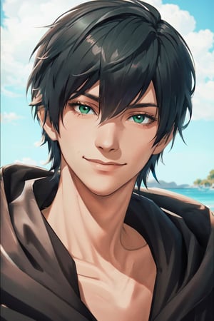 Hermes FFXIV, 1boy, male focus, solo focus, looking at viewer, smile, short hair, closed mouth, green eyes, hood, portrait, realistic