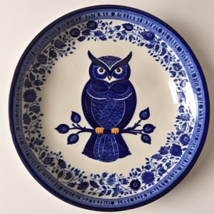 fnxipltz, a decorative plate with a blue owl on it