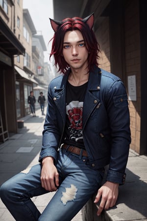 Chris_Xvoor,looking at viewer,, blue eyes, black hair, animal ears, sitting, jacket, red hair, outdoors, day, pants, cat ears, blurry, black jacket, torn clothes, blurry background, denim, jeans, leather, torn pants, leather jacket, torn jeans, denim jacket, upper body, specular highlights, detailed face, detailed eyes, detailed hair, textured hair, rim lighting, extreme light and shadow, masterpiece, official art, portrait