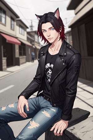 Chris_Xvoor, 1boy, male focus, solo, looking at viewer,, blue eyes, black hair, animal ears, sitting, jacket, red hair, outdoors, day, pants, cat ears, blurry, black jacket, torn clothes, blurry background, denim, jeans, leather, torn pants, leather jacket, torn jeans, denim jacket, upper body, specular highlights, detailed face, detailed eyes, detailed hair, textured hair, rim lighting, extreme light and shadow, masterpiece, official art, portrait