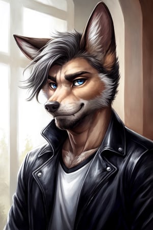 Andrew Bryant, 1boy, male focus, solo, two tone hair, grey hair, dusty brown hair, blue eyes, facial hair, beard, fox ears, silver fox vibes, gruff, dry looking skin, anthro, animal ears, animal ear fluff, furry, leather jacket with patches, detailed face, detailed eyes, detailed hair, tonemapping, ultra sharp, extremely detailed, side lighting, rim lighting, specular highlights,realistic