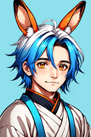 masterpiece, best quality, 1boy, male focus, animal ears, solo, blue hair, multicolored hair, rabbit ears, two-tone hair, mole, white hair, chinese clothes, upper body, simple background, brown eyes, orange eyes, mole under mouth, hand on own chin, looking at viewer 