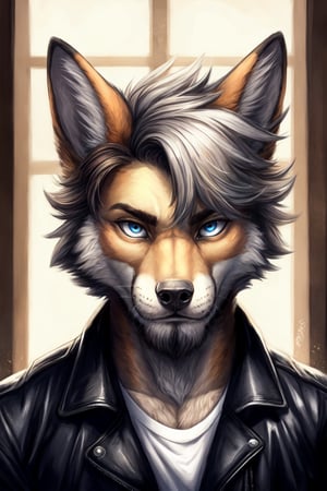 Andrew Bryant, 1boy, male focus, solo, two tone hair, grey hair, dusty brown hair, blue eyes, facial hair, beard, fox ears, silver fox vibes, gruff, dry looking skin, anthro, animal ears, animal ear fluff, furry, leather jacket with patches, detailed face, detailed eyes, detailed hair, tonemapping, ultra sharp, extremely detailed, side lighting, rim lighting, specular highlights,realistic