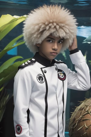 (style of Danganronpa), ((style of Gurity Gear)), 1boy, Coconut hair, afro hair, Coconut eyes, wronged, hand on forehead, aquarium, upper body, Coconut cat uniform 
