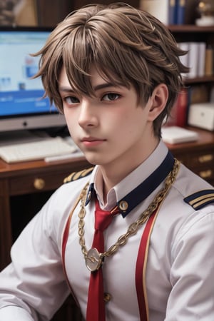 close-up portrait. Intricately detailed, (style of Fate), ((style of Azur Lane)), 1boy, Porcelain Man hair, short curly hair, Porcelain eyes, rolling eyes, sleeping, vintage office, upper body, Porcelain fuzzy uniform 