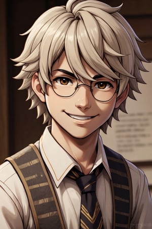 close-up portrait. Intricately detailed, (style of Fate), ((style of Danganronpa)), 1boy, Parchment Man hair, short wavy hair, Parchment eyes, Happy Smile, indian style, modern office, upper body, Parchment fuzzy uniform 