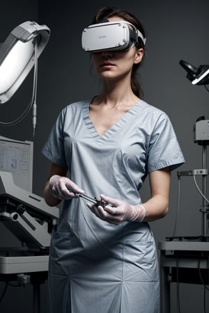 A skilled surgeon, wearing a sterile surgical gown and gloves, meticulously performs a complex operation using a VR-assisted surgical system. The surgeon's movements are precise and controlled, guided by the high-resolution images displayed in their VR headset. The operating room is sterile and well-lit, with a team of medical professionals assisting the surgeon. (Realistic, detailed, post-processed)