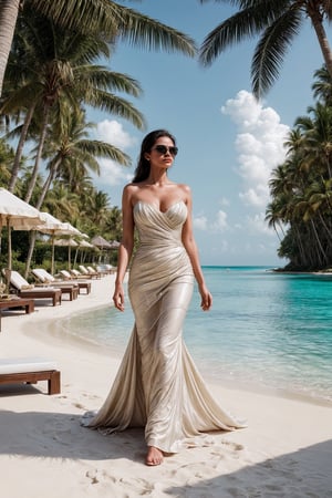 A glamorous scene of a stunning woman, her beauty accentuated by the elegant setting of a luxury beach resort. She strolls along the pristine white sand, her designer sunglasses shielding her eyes from the sun's rays. The lush palm trees and sparkling pool provide a backdrop of sophistication, while the gentle waves lull her into a state of relaxation. Render in a luxurious, high-fashion style, with a focus on capturing the intricate details of her designer attire, the opulent ambiance of the resort, and the timeless elegance of her beauty.