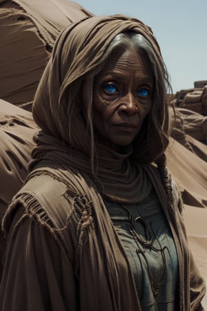 masterpiece, best quality, dune, desert costume, blue eyes, white skin, an old lady, silver long hair