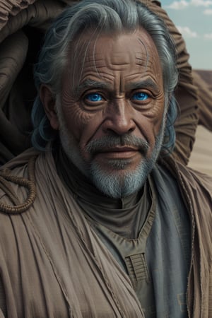masterpiece, best quality, dune, desert costume, blue eyes, white skin, an old man, gray beard, gray hair