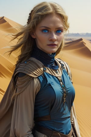 masterpiece, best quality, dune, desert costume, blue eyes, white skin, a lady, blond hair,blue_eyes,more detail XL