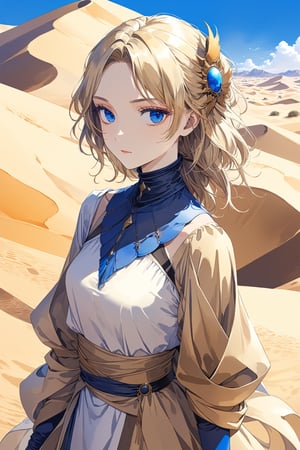 watercolor style, 1girl, solo, masterpiece, best quality, dune, desert costume, blue eyes, white skin, a lady, blond hair,blue_eyes,more detail XL,more detail XL,Nina Aslato
