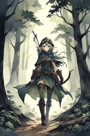 watercolor style, 1girl, solo, a female dark elf ranger, with short dark green hair and dark goggles, full body, detailed forest background, looking at viewer, more detail XL,Drow
