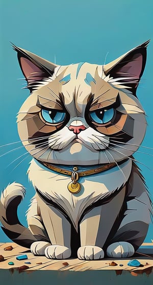 color photo of a painting of a grumpy cat with piercing blue eyes, created as a digital painting by the talented artist Igor Kufayev. The artwork takes on a cartoon concept art style, capturing the essence of the cat's grumpy demeanor. The resolution of the digital painting is 240p, adding a touch of nostalgia and charm. Alexey Egorov, known for his ability to create the cutest and most endearing characters, collaborates with Igor Kufayev to bring this grumpy cat to life. The cat's piercing stare is enough to melt hearts and capture the attention of viewers. Benjamin Vnuk, a renowned animal caricaturist, adds his artistic touch, emphasizing the cat's whiskers and pouting expression, enhancing its adorable and grumpy charm. This beautiful artwork illustration, created with a focus on keeping it safe for work (SFW), is a testament to the skill and creativity of these talented artists,healing