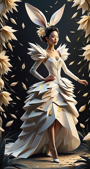 color photo of a woman in a mesmerizing white and gold dress and hat, featured on CGSociety. The woman exudes a sense of elegance and grace, her form composed entirely of delicate petals, creating a perky and enchanting presence. The scene is reminiscent of the stylish and dystopian world of "Altered Carbon," with a feathered robe adding a touch of opulence and intrigue. The woman, crafted from intricate origami folds, showcases the artistic fusion of Asian influences and contemporary fashion. The white cyborg fashion shot captures the essence of futuristic style, with hints of metallic accents and sleek lines. This image is hailed as the best photography of 2021, capturing the essence of innovation and creativity. The woman is dressed in a frilly, ragged gown, symbolizing the juxtaposition of delicate beauty and the raw edges of existence. Her shattered appearance adds a sense of mystery and vulnerability. Ekaterina, a visionary photographer known for her captivating and unconventional compositions, skillfully captures the woman fully covered in drapes, evoking a sense of intrigue and hidden emotions. The photo is a testament to the power of paper art, showcasing the transformative and limitless possibilities of this medium,1rabbit,DonMG30T00nXL