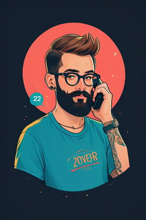  Man short beard 2D flat illustration sticker design with text saying "Phone2Cover" in the style of "Retro Hipster.", 