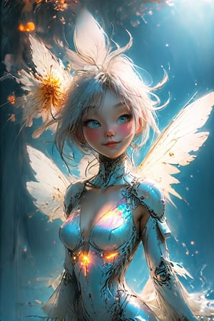 color photo of a close-up of a person in a captivating costume, celebrated as one of the top-rated artworks on Pixiv. This white cyborg fashion shot showcases a unique fusion of elements, giving the person a mesmerizing fairy-like appearance. The warm, bright white light envelops them, enhancing their ethereal presence. The character design is a blend of gothic aesthetics and the intriguing concept of a benevolent android necromancer. The 3D rendering of the character is incredibly realistic, bringing them to life with stunning detail. The person's costume hints at the profession of a gogo dancer, adding an element of movement and rhythm to the composition. The opalescent palace in the background creates a sense of grandeur and mystery, immersing viewers in a world of enchantment. This extraordinary artwork is the creation of the talented artist Kim Myeong-guk, known for their ability to craft intricate and visually striking designs. The laced details in the costume add a touch of elegance and sophistication, further enhancing the overall aesthetic