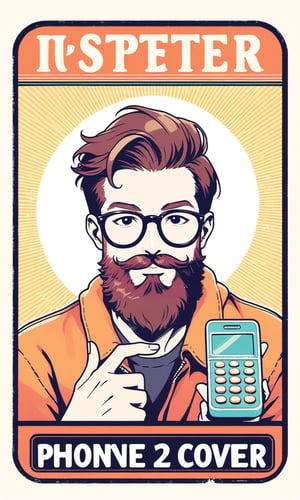  Man short beard 2D flat illustration sticker design with text saying "Phone2Cover" in the style of "Retro Hipster."