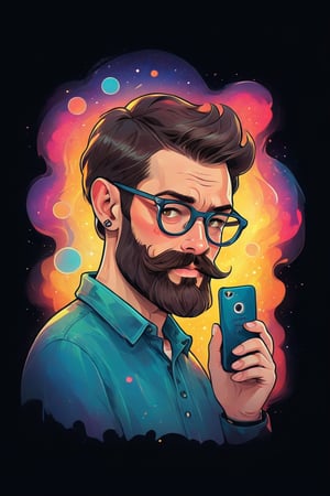  Man short beard 2D flat illustration sticker design with text saying "Phone2Cover" in the style of "Retro Hipster.", "Fractal Starscape" in melted paper style, 