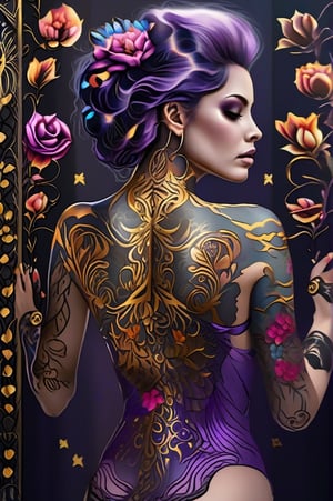a woman with a tattoo on her back, a photorealistic painting, fantasy art, flowers and gold, purple body, 8 k highly detailed ❤🔥 🔥 💀 🤖 🚀, elegant and extremely ornamental, rich pastel colors, lacey, paint style, omg