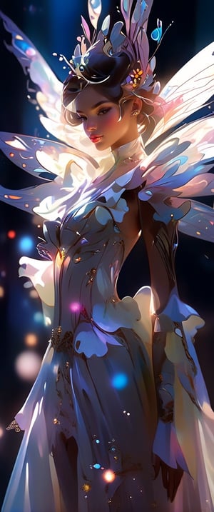 color photo of a close-up of a person in a captivating costume, celebrated as one of the top-rated artworks on Pixiv. This white cyborg fashion shot showcases a unique fusion of elements, giving the person a mesmerizing fairy-like appearance. The warm, bright white light envelops them, enhancing their ethereal presence. The character design is a blend of gothic aesthetics and the intriguing concept of a benevolent android necromancer. The 3D rendering of the character is incredibly realistic, bringing them to life with stunning detail. The person's costume hints at the profession of a gogo dancer, adding an element of movement and rhythm to the composition. The opalescent palace in the background creates a sense of grandeur and mystery, immersing viewers in a world of enchantment. This extraordinary artwork is the creation of the talented artist Kim Myeong-guk, known for their ability to craft intricate and visually striking designs. The laced details in the costume add a touch of elegance and sophistication, further enhancing the overall aesthetic