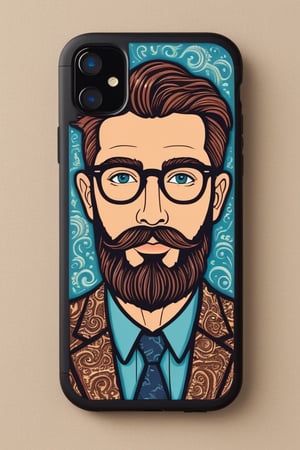 pop-up iphonecover where a meticulously crafted  Man short beard 2D flat illustration sticker design with text saying "Phone2Cover" in the style of "Retro Hipster.", cut-out emerges from its screen, intricate design, with finely cut tentacles and bright, shimmering eyes, captivates readers, drawing them into the enchanting world of the book,
 ,iPhoneScenic