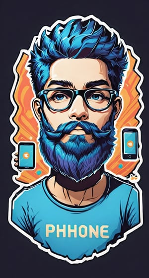  Man short beard 2D flat illustration t-shirt design with text saying "Phone2Cover" in the style of "Retro Hipster."