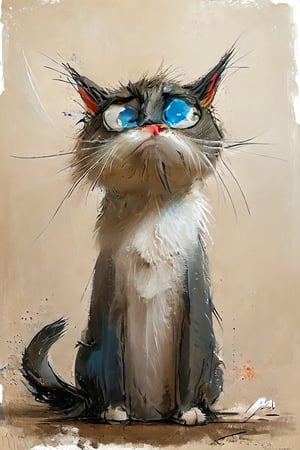 a painting of a grumpy cat with blue eyes, a digital painting by Igor Kufayev, deviantart, furry art, adorable digital painting, angry cat, beautiful grumpy girl,potma style,gloomy