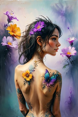 color photo of a woman with a mesmerizing tattoo adorning her back, depicted in a photorealistic painting. The artwork falls under the genre of fantasy art, portraying a captivating scene where flowers and gold intertwine with the woman's purple body. The painting is created with meticulous attention to detail, resulting in an 8K resolution image that showcases the artwork's highly detailed nature. The composition is elegant and extremely ornamental, with rich pastel colors that add depth and vibrancy to the piece. The intricate patterns and lacey elements in the tattoo and surrounding design contribute to the overall aesthetic, creating a sense of enchantment. The paint style employed in the artwork evokes a feeling of wonder and awe. This stunning piece is a testament to the artist's talent and ability to create a visually striking and emotionally evocative work of art