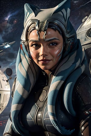 ahsokatano, facial portrait, sexy stare, smirked, futuristic city, spaceships, death star looming in the sky,1girl