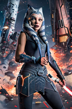 ahsokatano, facial portrait, sexy stare, smirked, futuristic city, cloudy sky, spaceships, light_saber, white, holding it on each hand, 
