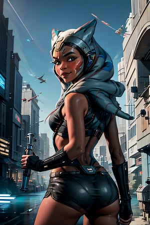 ahsokatano, facial portrait, sexy stare, smirked, futuristic city, spaceships, death star looming in the sky,1girl, butt shot 