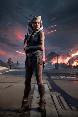 ahsokatano, facial portrait, sexy stare, smirked, full body, sexy pose, futuristic city, cloudy sky, spaceships, light_saber, white, holding it on each hand ,death star in the sky, AT AT burning in the streets, 