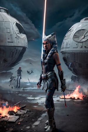 ahsokatano, facial portrait, sexy stare, smirked, full body, sexy pose, futuristic city, cloudy sky, spaceships, light_saber, white, holding it on each hand ,death star in the sky, AT AT burning in the streets, 