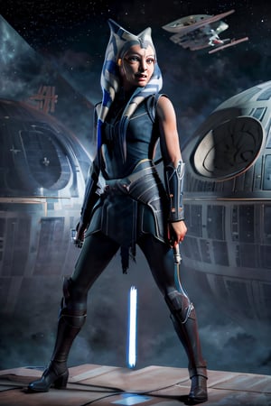 ahsokatano, facial portrait, sexy stare, smirked, full body, sexy pose, futuristic city, spaceships, light_saber, white, holding it on each hand, death star looming in the sky