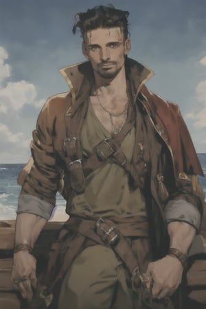 pirate man frank grillo with brown eyes, pirate clothes,
handsome, detailed, 1boy, HD