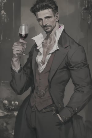 vampire frank grillo, grin, brown eyes, victorian clothes, fantasy, holding wine