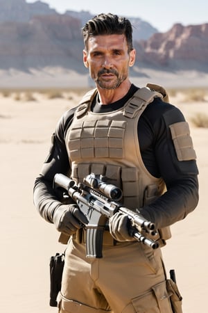 realistic photo of frank grillo, upper body, desert tactical suit, fingerless gloves, nails, holding a rifle, looking at side, frown, outdoors, desert, sand, sun, dramatic lighting, cinematic composition
