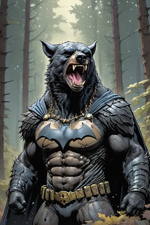 (Batman:1.35) merge (bear:0.8) combination | Batman with bears mane and teeth is roaring in victory | forest setting | stunning detail, creative, cinematic, amazing composition, elegant, calm, fascinating, highly detailed, intricate, dynamic, beautiful, positive light, cute, engaging, new, enhanced,anthro